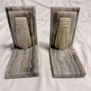 Vintage Onyx Marble Polished Stone Mayan Tiki Medallion Sculptural Bookends MCM
